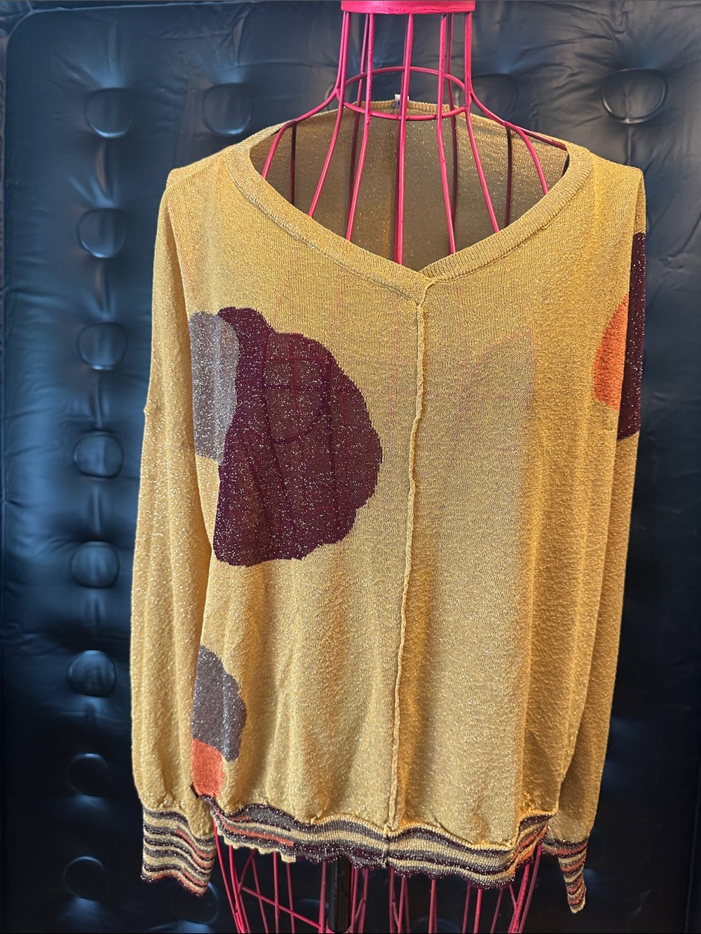 Women’s Metallic Mustard V-Neck Sweater with Abstract Spots